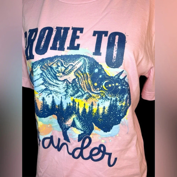 “Prone to Wander” Boho Western Bull Cotton T shirt Women’s Pink Crew Neck - Picture 2 of 8